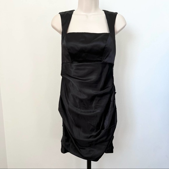 Hailey Adrianna Papell black satin dress zipper back cut out mini LBD ruched 7/8 - Picture 12 of 12